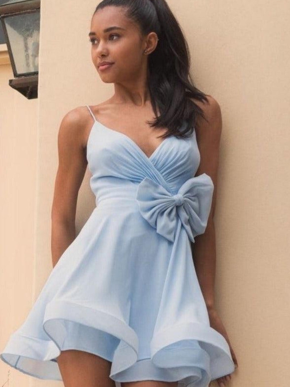 Ieena for Mac Duggal Bow Waist Chiffon Mini Dress – Powder Blue – NWT Size 6